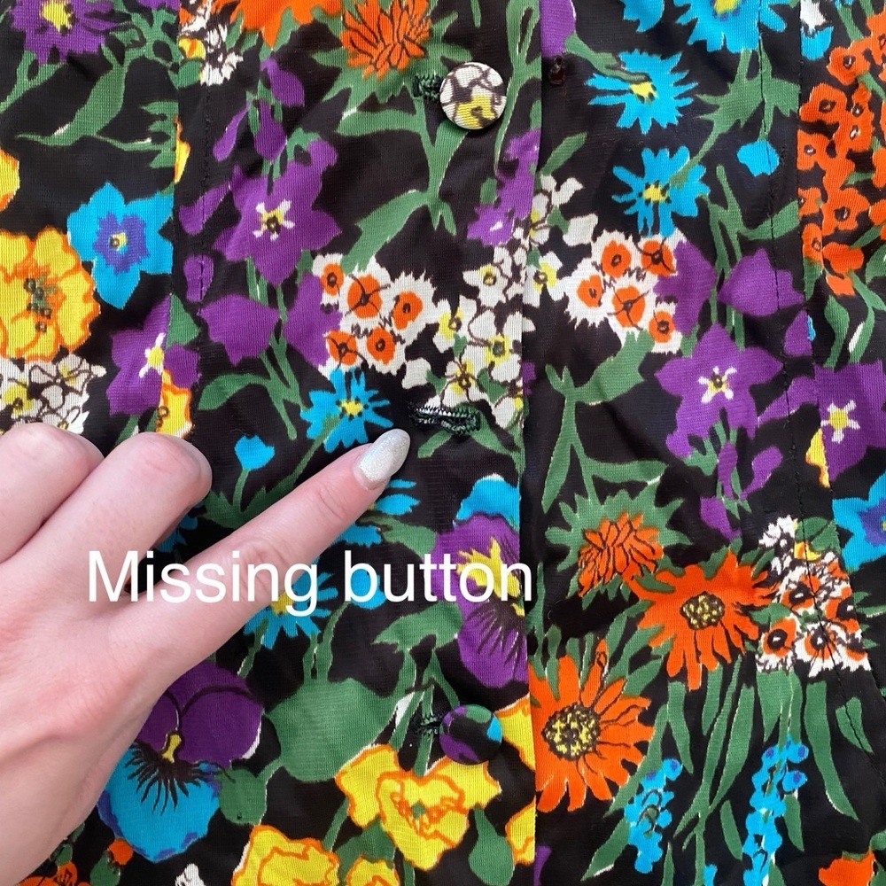 Vintage 70s Retro Dark Floral Button Front Long Sleeve Mini Dress Orange Blue - Picture 11 of 16